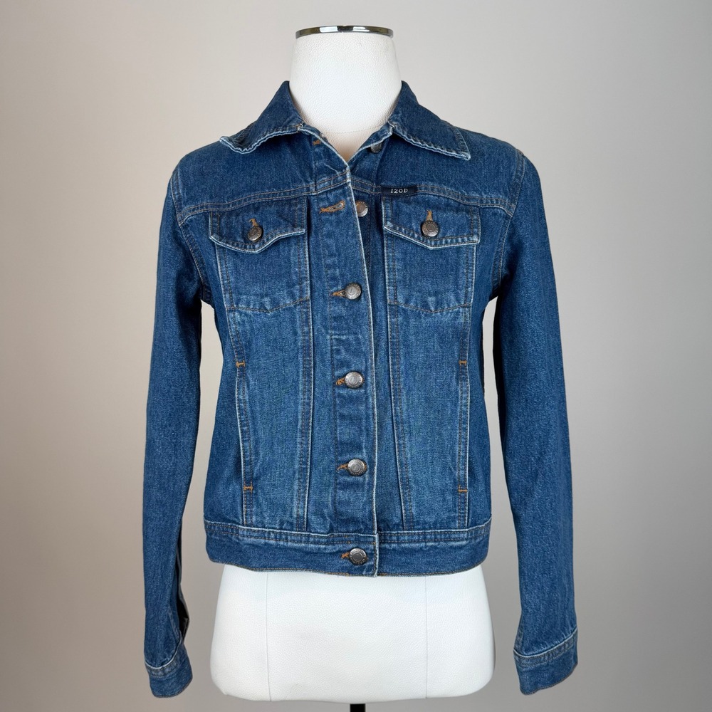 IZOD Jeans Blue Medium Wash Denim Crop Trucker Jacket Womens Petite Sz Small PS